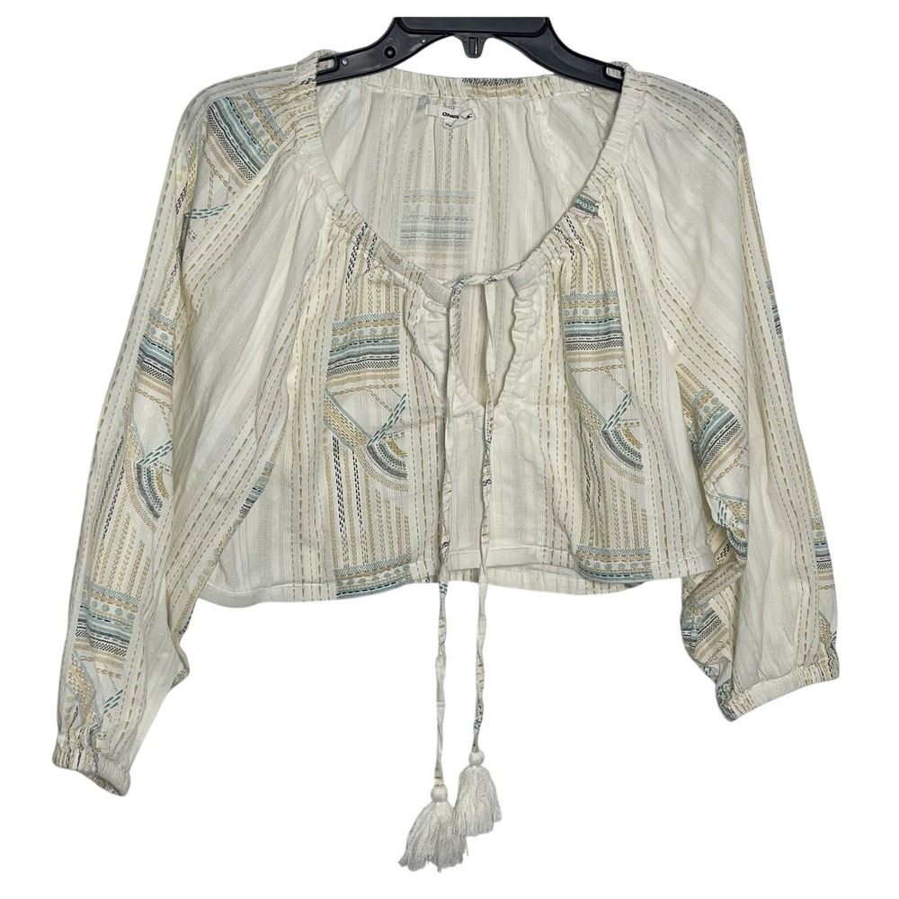O'Neill Boho Crop Blouse Women M Cream Stripe Long Sleeve Tie Front Peasant Top